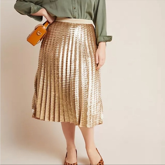 ANTHROPOLOGIE Maeve Natalia Pleated Gold Sequin Midi Skirt - Picture 4 of 15
